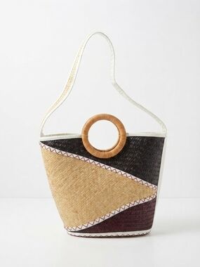 Earth Tri-Color Woven Tote in Black, Natural, and Brown with Round Handle